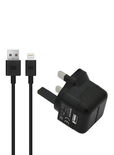 Promate Wall Home Charger, Apple MFi Certified, 2.1A, With Lightning To USB Data And Charge Cable Black