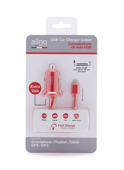 aiino Car Charger 2.4A With Built-In MicroUSB Coiled Cable 1.2meter Red