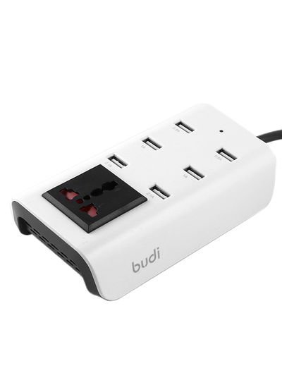 budi 6-Port USB Mobile Phone Charger With 1 General Socket – UK White
