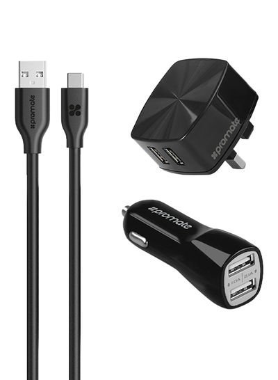 Promate Universal Charger Kit, Ultra-Fast 3-In-1 Dual USB 2.4A Wall Charger and 3.1A Car charger with 1.2m USB Type-C Sync Charge Cable for Samsung Galaxy S9, S9+, Note 8, USB Devices, UniCharger black