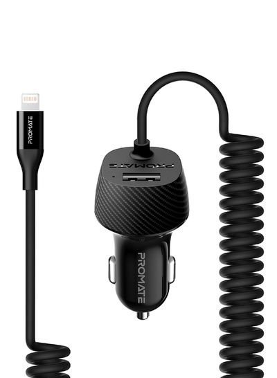 Promate Premium Carbon Fibre 3.4A Car Charger with Built-In Connector Coiled Cable and 2.4A Ultra-Fast USB Charging Port, Short-Circuit Protection for Smartphones, Tablets, GPS, VolTrip-i Black