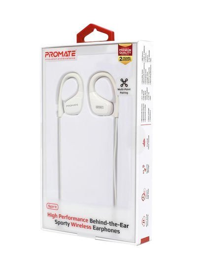 Promate Wireless Headphones, Premium Sweatproof Bluetooth v4.1 Sport Behind-Ear Running Earphones with HD Sound Quality, Noise Cancelling and Built-in Mic for Gym, Smartphones, iPod, Spirit White White