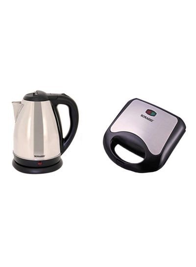 SONASHI Stainless Steel Cordless Kettle With 2 Slice Non-Stick Grill Plate 1.8 l 750 W SKT-1804 + SGT-853 Silver/Black