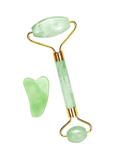 Generic Natural Jade Stone Face Roller With Gua Sha Board Green/Gold