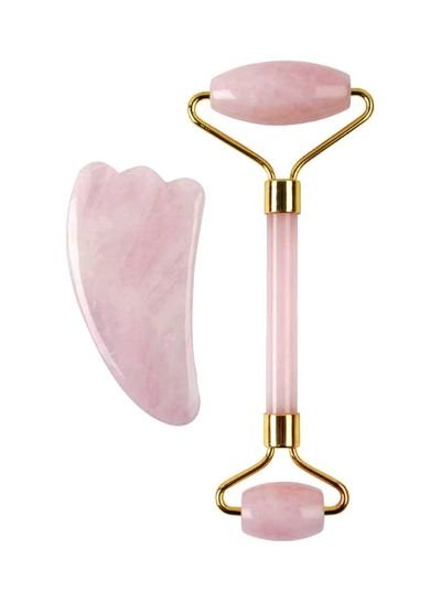 Get It 2-In-1 Jade Rolling Massage Tools With Quartz Roller And Gua Sha Pink/Gold