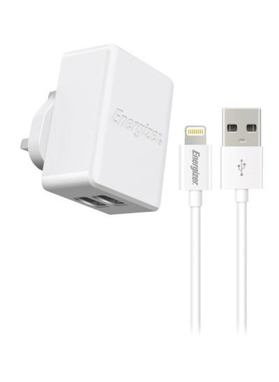 Energizer Ultimate 3.4A Charger With MFi Certified Cable For Apple iPhone/ iPod/ iPad/  iPhone X/ XR/ Xs/ 11/ 11 Pro/ 11 Pro Max/ 12/ 12 pro/ 12 Pro Max, Dual Port Adapter, 17W, Smart IC 1meter White