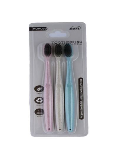MUMUSO Pack Of 3 Manual Toothbrush Blue/White/Pink