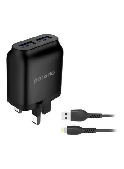 Porodo Dual Port Wall Charger With Cable Black