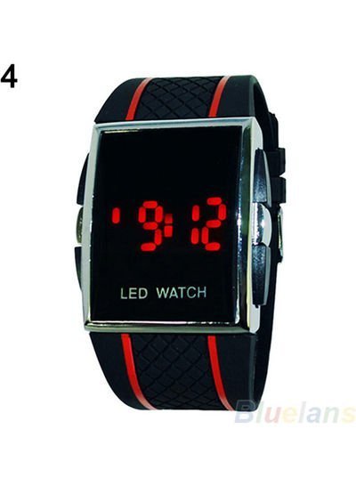 Generic LED Digital Display Square Case Wrist Watch Black Strap&Red Stripes