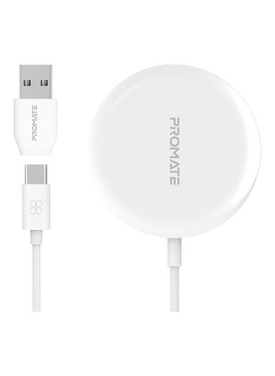 Promate Fast Charging 15W Qi Magnetic Charging Pad With Dual USB-C/USB-A 12cm White