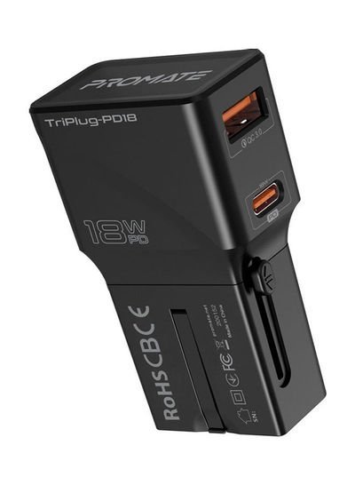 Promate Universal International AC Wall Charger With 18W Type-C Power Delivery Port 231cm Black
