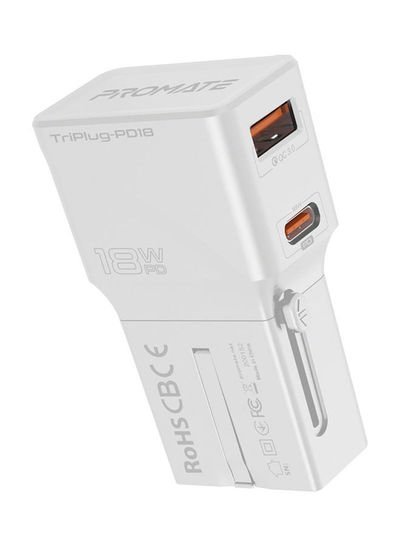 Promate Universal International AC Wall Charger With 18W Type-C Power Delivery Port 180cm White