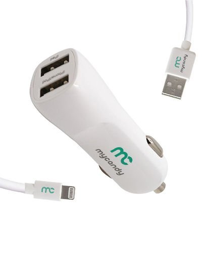 MYCANDY 3.4A Dual USB Car Charger With 1M Lightning Cable White