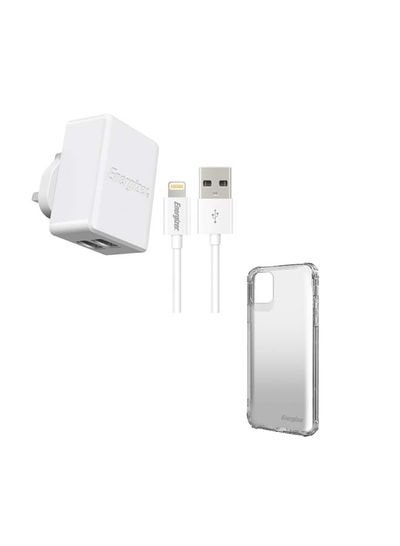 Energizer Bundle of Ultimate 3.4A Charger With MFi Certified Cable For Apple iPhone/iPod/iPad and Shockproof Ultra-Slim Anti Scratch Back Case For iPhone 12 mini White