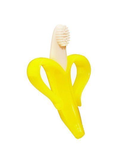 Eazy Kids Baby Banana Toothbrush And Teether, Training Teether Tooth Brush For Infant, Baby And Toddlers, Soft Silicone, 100% Food Grade Silicone, 3-12Months, Yellow