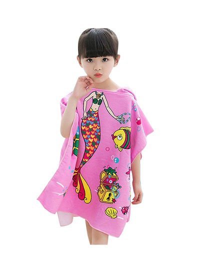 Generic Hooded Cloak Baby Girls Bath Towel With Mermaid Printed Design – Multicolour