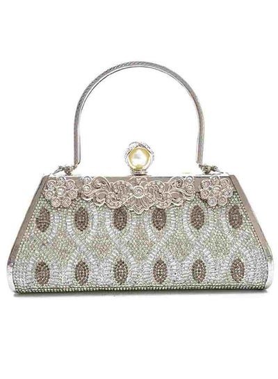 Generic Clutch handbag for women, simple designed with flower pattern and Metal handle, Silver