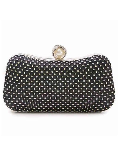 Generic Black colored boat shaped glittering hand bag with pearl leaf covered on top closure design