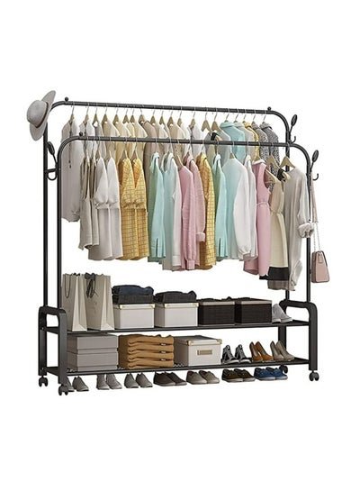 LEDIN Clothes Rack Cloth Drying Stand Clothing Hanger Stand with 2 Clothes Rail,2 Storage shelf and Rolling Wheel Easy to Move 120x45x155cm Large Capacity for Shoes Clothes Jacket Hats Scarf Handbags