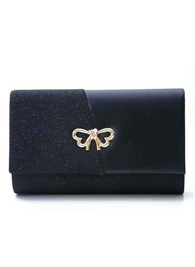 Generic Black Gold Glitter Pattern Flap Clutch Bag, Golden Shoulder Chain, Golden Butterfly Brooch