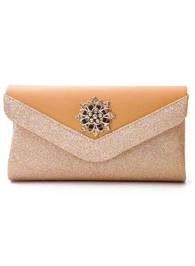 Generic Copper Glitter Flower Strass Buckle Bling Envelop Designed Clutch, Evening Bag Handbag, Glittery Satin Interior