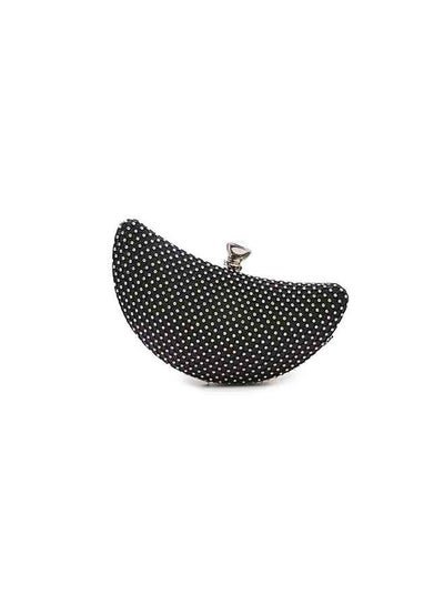 Generic Black colored crescent Moon shaped handbag with polka dots and round diamond top for women