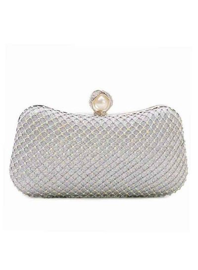 Generic Glittering Clutch handbag with pearl leaf design, Bag for Parties, Silver