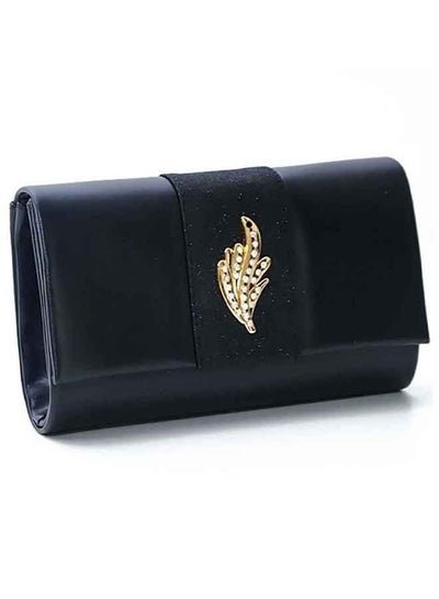Generic Black Plain Glossy Leather Medium Clutch , Crossbody Shoulder Bag, Flap Leaf Shape Studded Stone Golden Brooch