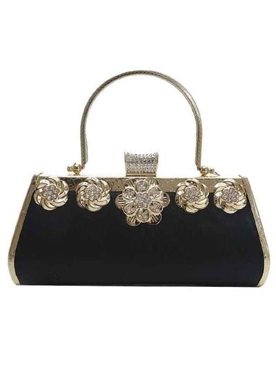 Generic Clutch handbag for women, simple designed with flower pattern, metal handle, Black