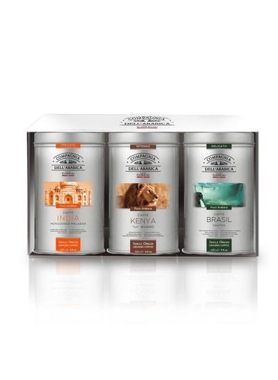CORSINI COMPAGNIA DELL’ARABICA | Pure Arabica Ground Coffee Collection Gift Set : Kenya – AA Washed, India -Monsooned Malabar, Brasil -Santos | 375g