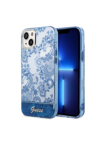 GUESS iPhone 14 Plus Back Cover with Double Layer Camera Outline and Printed Classic Pattern, Scratch Proof, Non Fading, Slim Case Compatible With iPhone 14 Plus 6.7 Inches – Blue