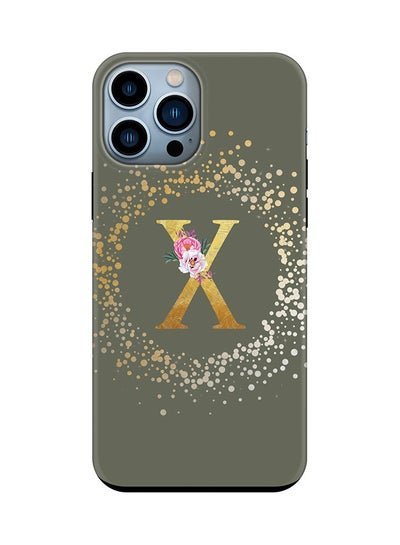 Stylizedd Monogram Tough Series for Apple iPhone 13 Pro Max Custom Initials Floral Pattern Tough Pro Dual Layer hybrid PC inner TPU protection Alphabet- X (Olive Green)