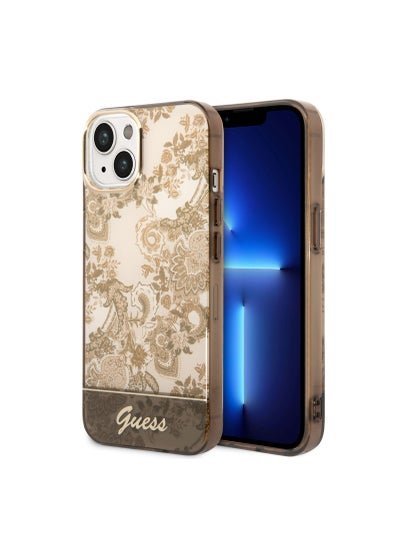 GUESS iPhone 14 Plus Back Cover with Double Layer Camera Outline and Printed Classic Pattern, Scratch Proof, Non Fading, Slim Case Compatible With iPhone 14 Plus 6.7 Inches – Ochre