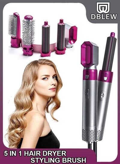 DBLEW Electric Professional 5 in 1 Hair Dryer Negative Ions Automatic Blower 3 Temperature Levels Detachable Rotating Hot Air Brush Styler with Straightener Volumizer and Curler Combing