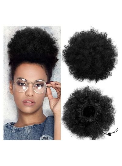 Estelle 2 Pieces Puff Drawstring Ponytail Synthetic Short Curly Hair Afro Bun Extension Afro Chignon Hairpieces Wig Updo Hair Extensions (Small Light Black)
