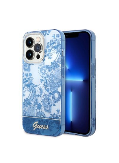GUESS iPhone 14 Pro Back Cover with Double Layer Camera Outline and Printed Classic Pattern, Scratch Proof, Non Fading, Slim Case Compatible With iPhone 14 Pro 6.1 Inches – Blue