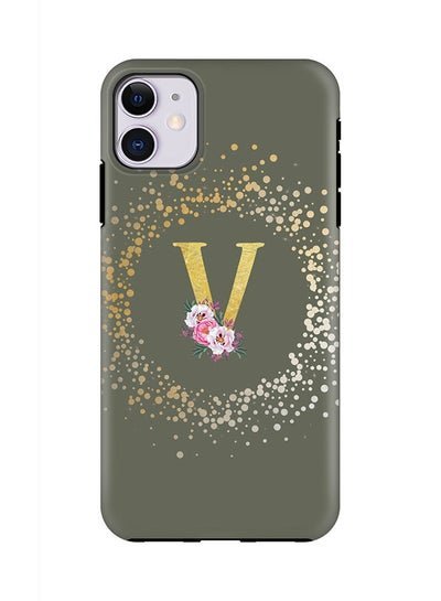 Stylizedd Monogram Tough Series for Apple iPhone 11 Custom Initials Floral Pattern Tough Pro Dual Layer hybrid PC inner TPU protection Alphabet- V (Olive Green)