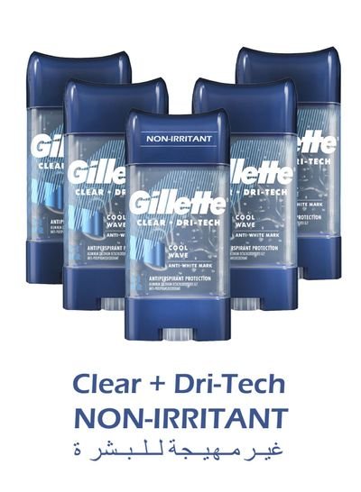 Gillette Antiperspirant Deodorant for Men Clear + Dri-Tech, Non-Irritant Cool Wave 108g Pack of 5