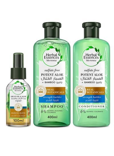 Herbal Essences Herbal Essences Sulfate Free Potent Aloe Vera + Bamboo Shampoo & Conditioner With Argan Oil & Aloe Vera Hair Oil Blend Hair Strengthening & Hair Repair Bundle Pack For Dry Hair And Frizzy Hair