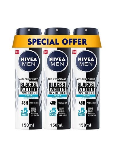 NIVEA NIVEA MEN Black & White Invisible Fresh, Antiperspirant for Men, Spray 3x150ml