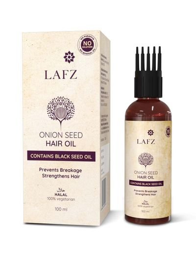LAFZ Onion seed oil for hair Transform dull & weak hair. Increases scalp and hair health. Reduces split ends and frizz. Reduces hair fall and breakage. Lightweight oil for both men and women. 100 ml