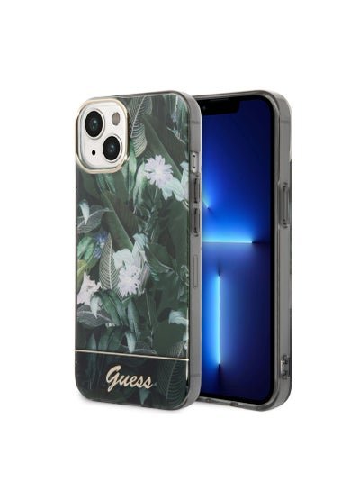GUESS iPhone 14 Plus Back Cover with Double Layer Camera Outline and Printed Classic Pattern, Scratch Proof, Non Fading, Slim Case Compatible With iPhone 14 Plus 6.7 Inches – Green