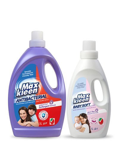 Maxkleen Antibacterial Liquid Detergent With 2In 1 Softergent Formula And Baby Soft Antibacterial And Gentle Liquid Detergent 3+1L
