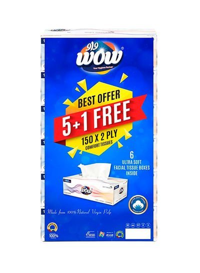 WOW Comfort Facial Tissue, 2 Ply, 150 Sheets Pack Of 6