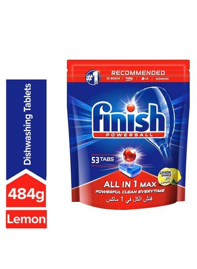 finish Finish Lemon Sparkle Powerball Dishwasher Detergent All In One Max Tablets For Powerful Clean Everytime 53 Tabs 848g