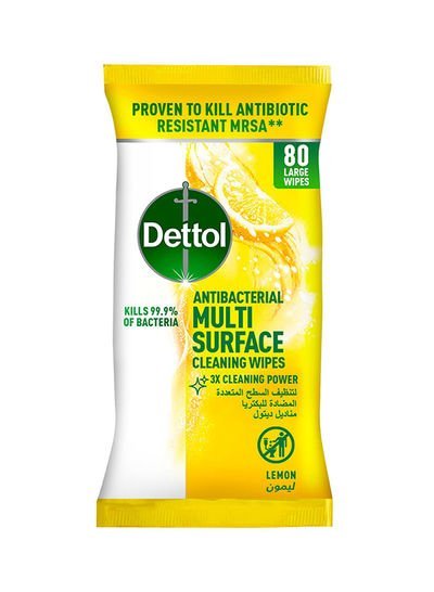 Dettol Lemon Antibacterial Multi Surface Cleaning Large Wipes With Resealable Lid 80 Count Multicolour