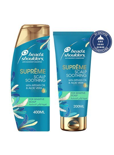 head & shoulders Supreme Anti-Dandruff Shampoo Argan Oil And Aloe Vera With Conditioner For Sensitive Scalp Soothing 400ml+200ml Pack of 2