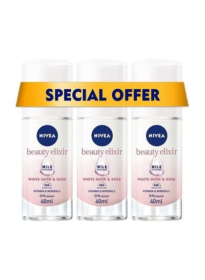 NIVEA NIVEA Beauty Elixir, Deodorant for Women, White Musk & Rose Scent, Roll-on 3x40ml