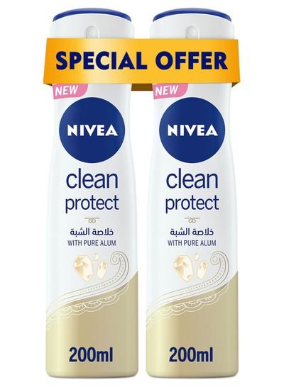NIVEA NIVEA Antiperspirant Spray for Women, Clean Protect Pure Alum, 2x200ml