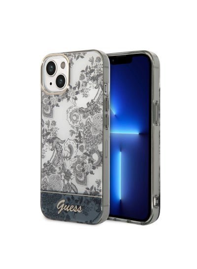 GUESS iPhone 14 Plus Back Cover with Double Layer Camera Outline and Printed Classic Pattern, Scratch Proof, Non Fading, Slim Case Compatible With iPhone 14 Plus 6.7 Inches – Grey